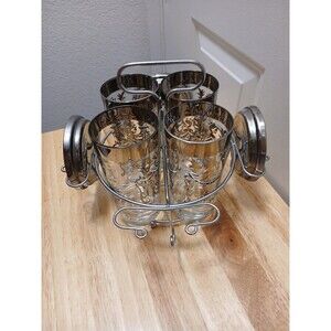 Vintage Kimiko Silver Crest Guardian Shield 4 Glasses And 3 Coasters Set Caddy